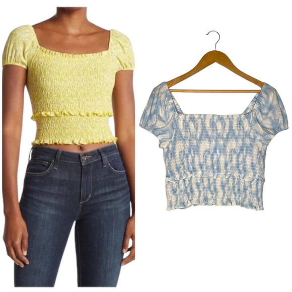Lush Tops - New Lush Womens Size Large Cropped Top Smocked Cap Puff Sleeve White Blue Swirl